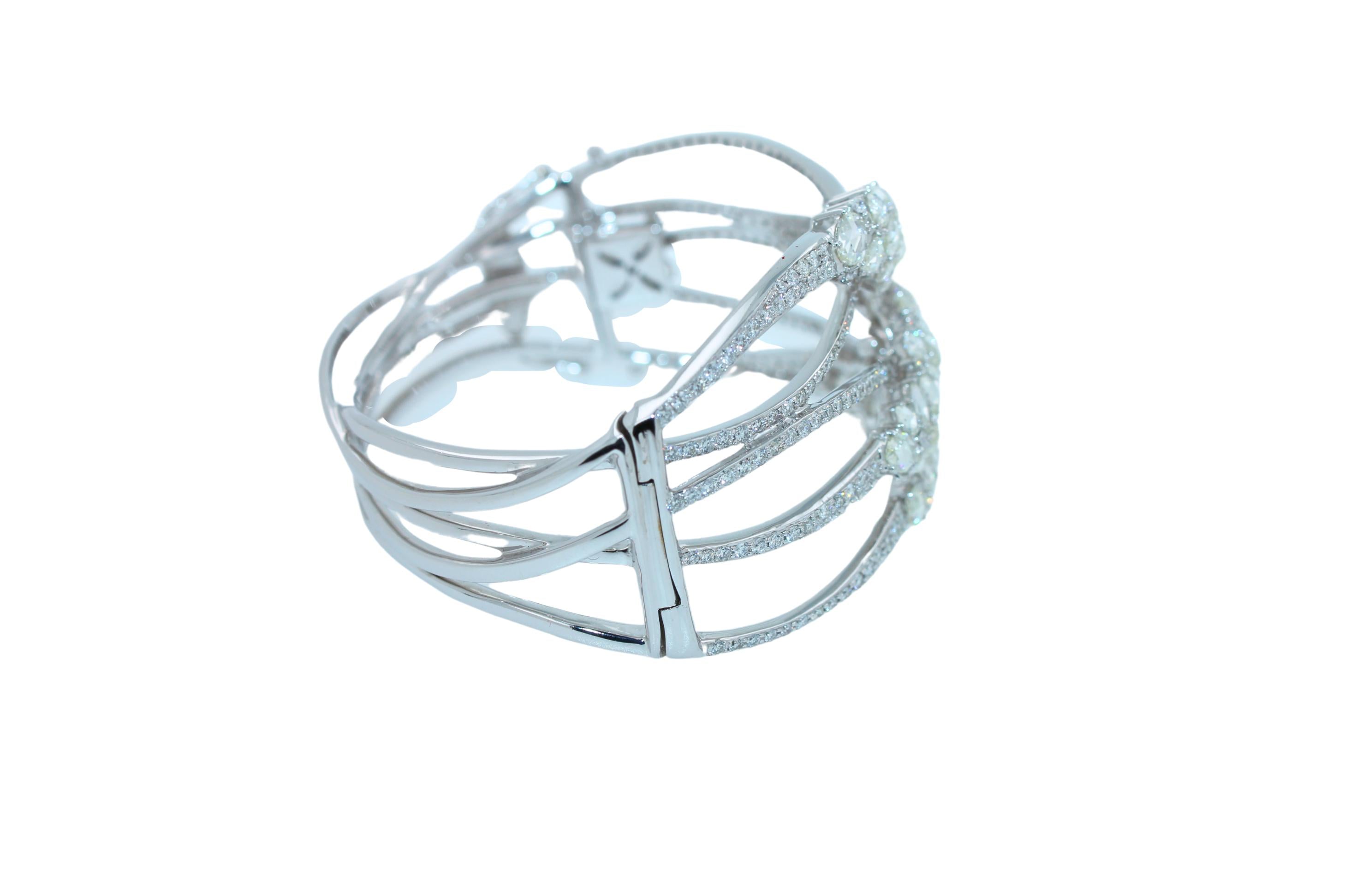 Fancy Shape Rose Cut Diamond Unique Statement Lux 18K White Gold Bangle Bracelet