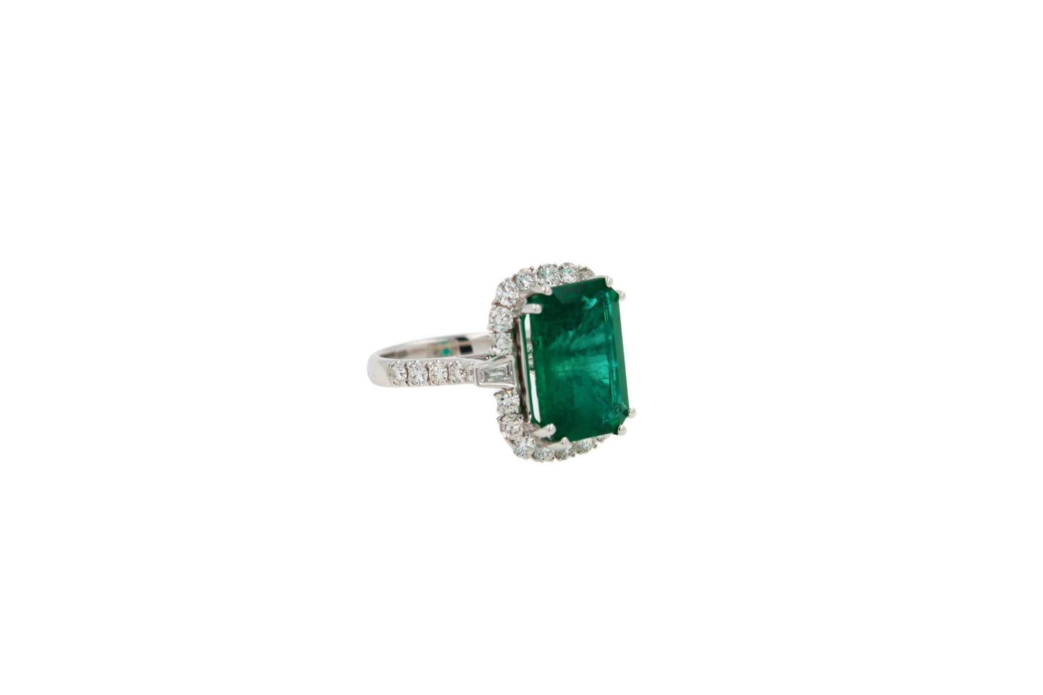 Green Emerald Octagon Cut Rectangle Diamond Halo Baguette 18K White Gold Ring