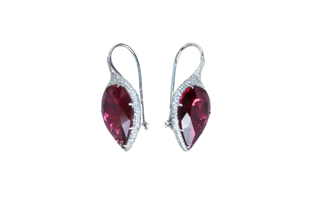 Fancy Pear Tear Drop Pink Red Rubellite Diamond Pave 18K White Gold Earrings