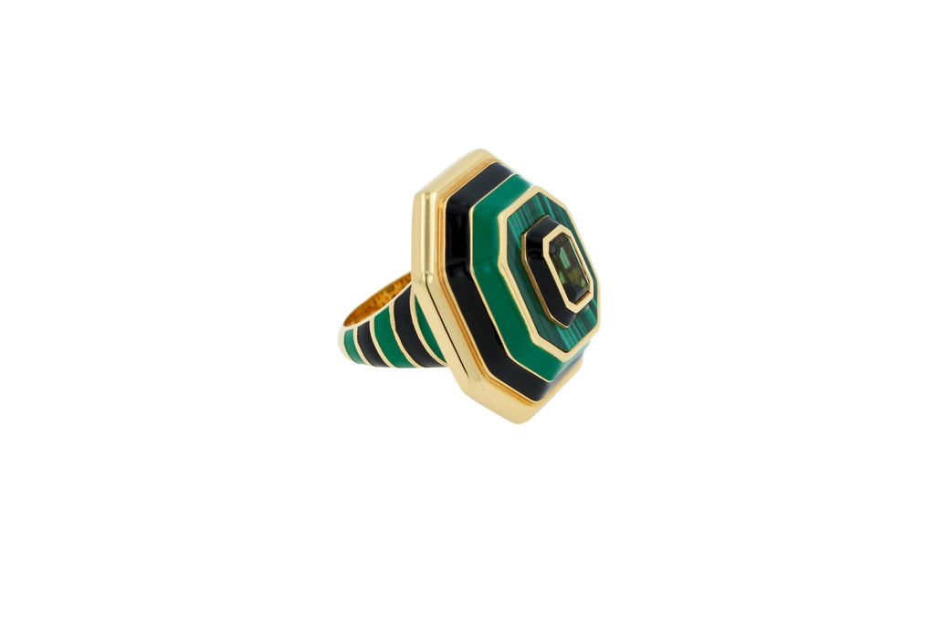 Green Tourmaline Malachite Green Black Enamel 18K Yellow Gold Enamel Unique Ring