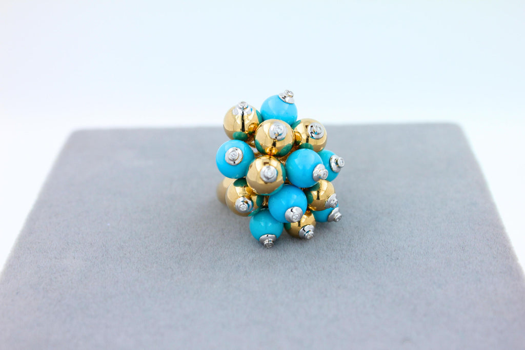 Blue Turquoise Diamonds Golden Spheres Balls Christmas Bells Motif 18K Gold Ring