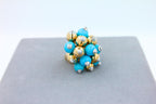 Blue Turquoise Diamonds Golden Spheres Balls Christmas Bells Motif 18K Gold Ring