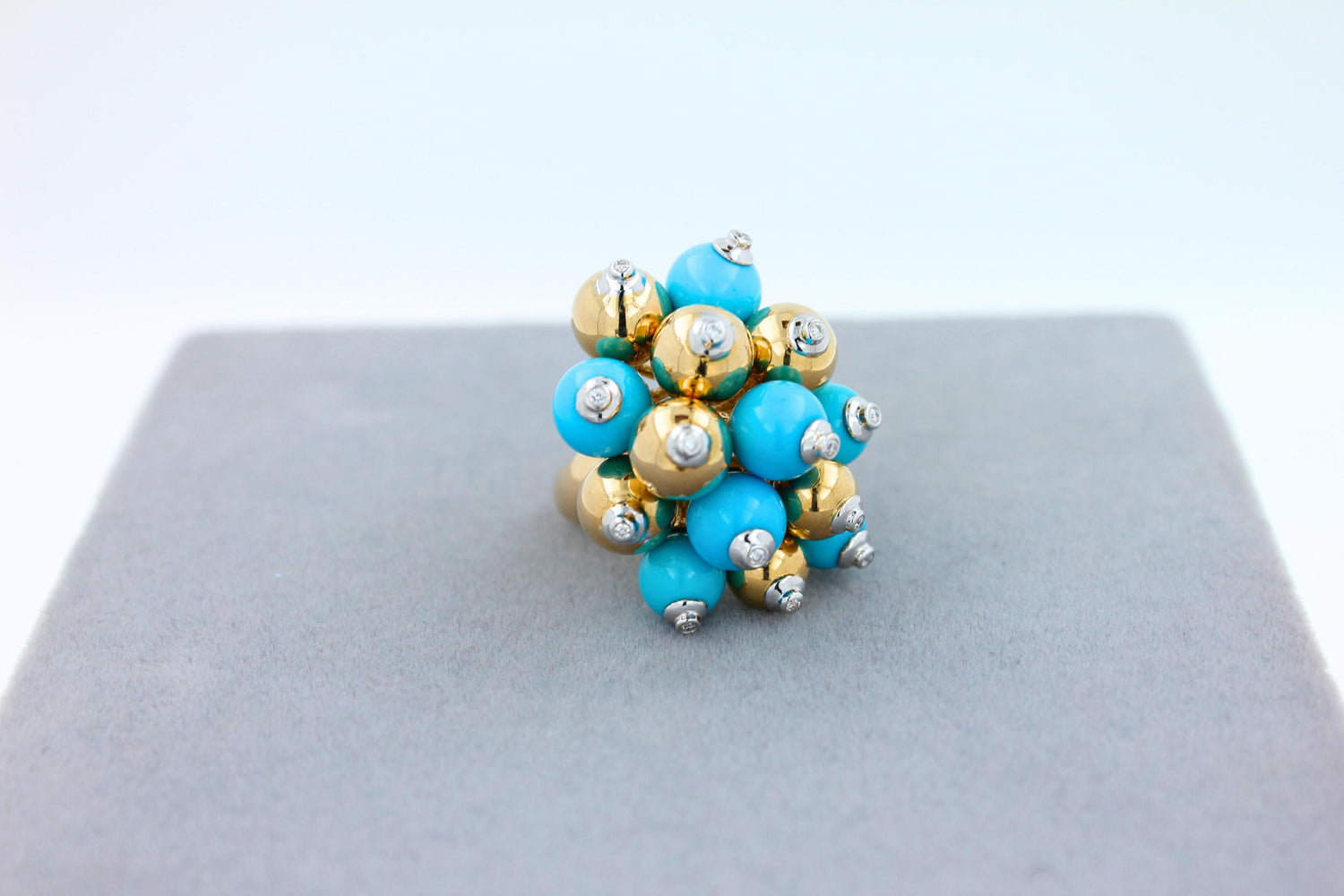 Blue Turquoise Diamonds Golden Spheres Balls Christmas Bells Motif 18K Gold Ring