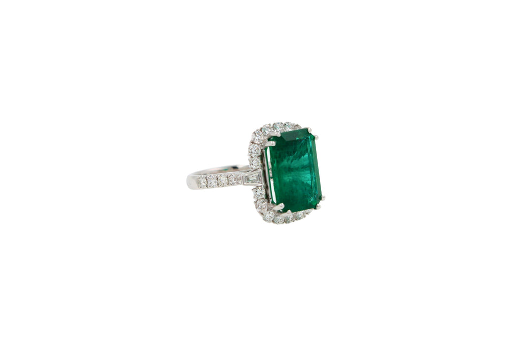 Green Emerald Octagon Cut Rectangle Diamond Halo Baguette 18K White Gold Ring