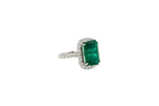 Green Emerald Octagon Cut Rectangle Diamond Halo Baguette 18K White Gold Ring