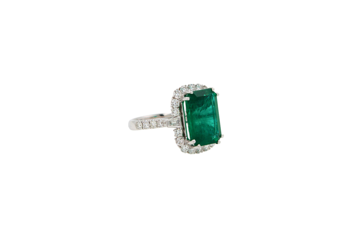 Green Emerald Octagon Cut Rectangle Diamond Halo Baguette 18K White Gold Ring