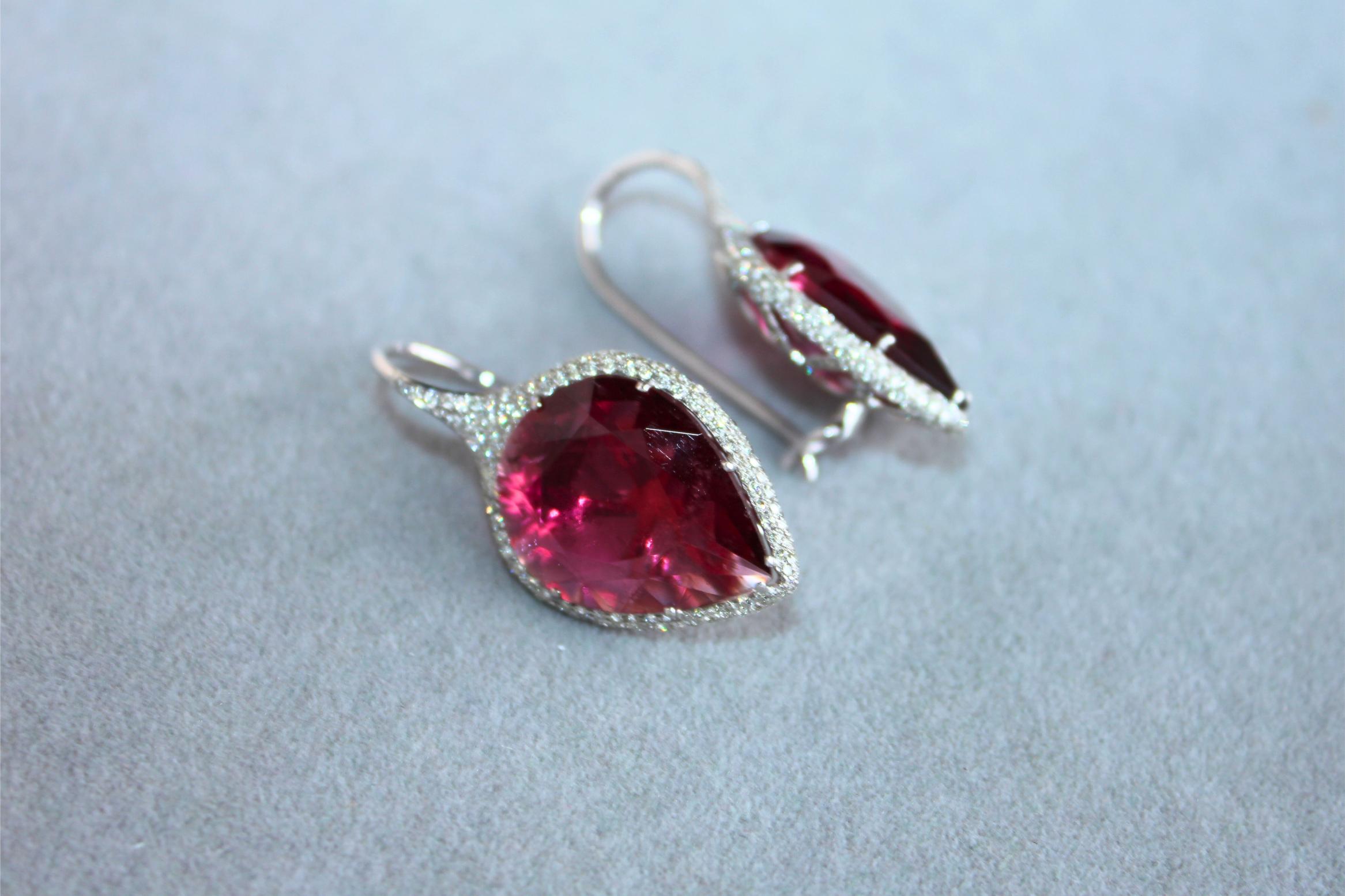 Fancy Pear Tear Drop Pink Red Rubellite Diamond Pave 18K White Gold Earrings