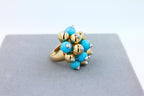Blue Turquoise Diamonds Golden Spheres Balls Christmas Bells Motif 18K Gold Ring