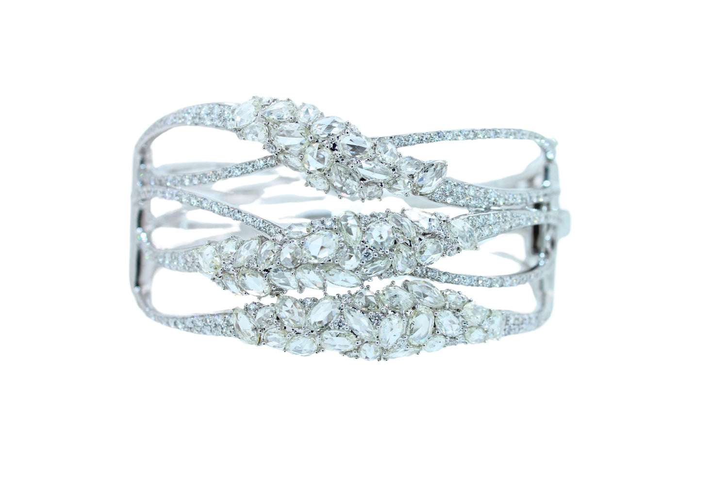 Fancy Shape Rose Cut Diamond Unique Statement Lux 18K White Gold Bangle Bracelet