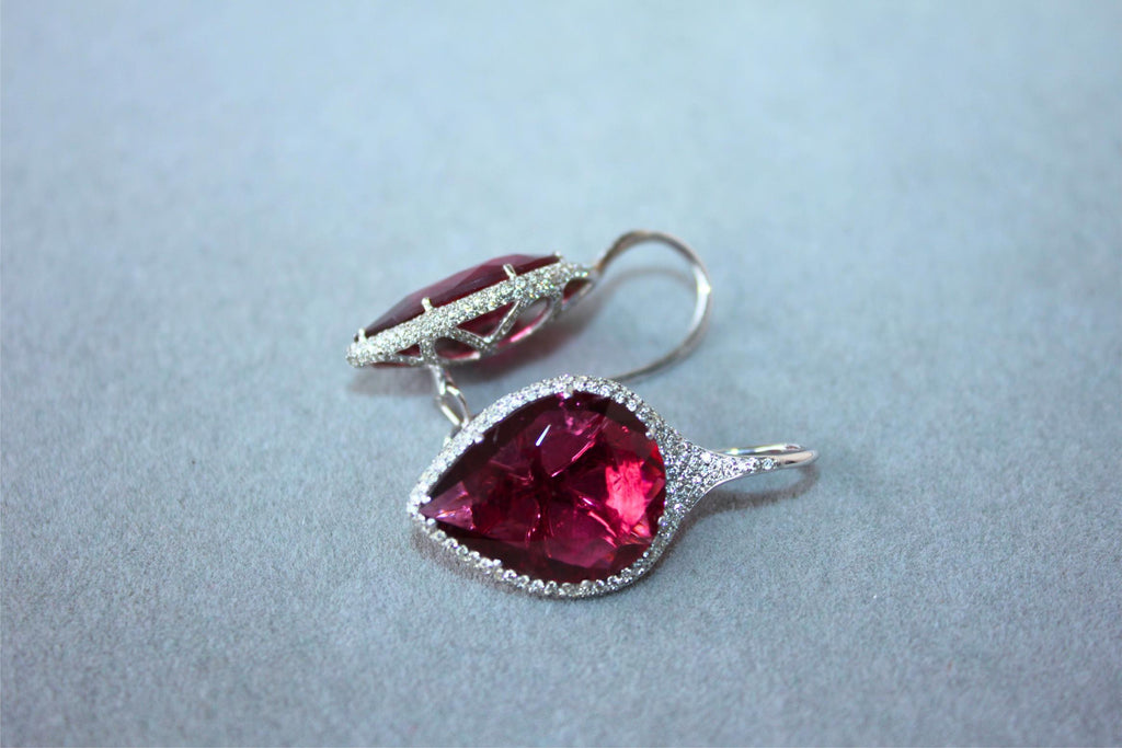 Fancy Pear Tear Drop Pink Red Rubellite Diamond Pave 18K White Gold Earrings