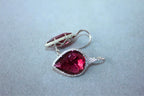Fancy Pear Tear Drop Pink Red Rubellite Diamond Pave 18K White Gold Earrings