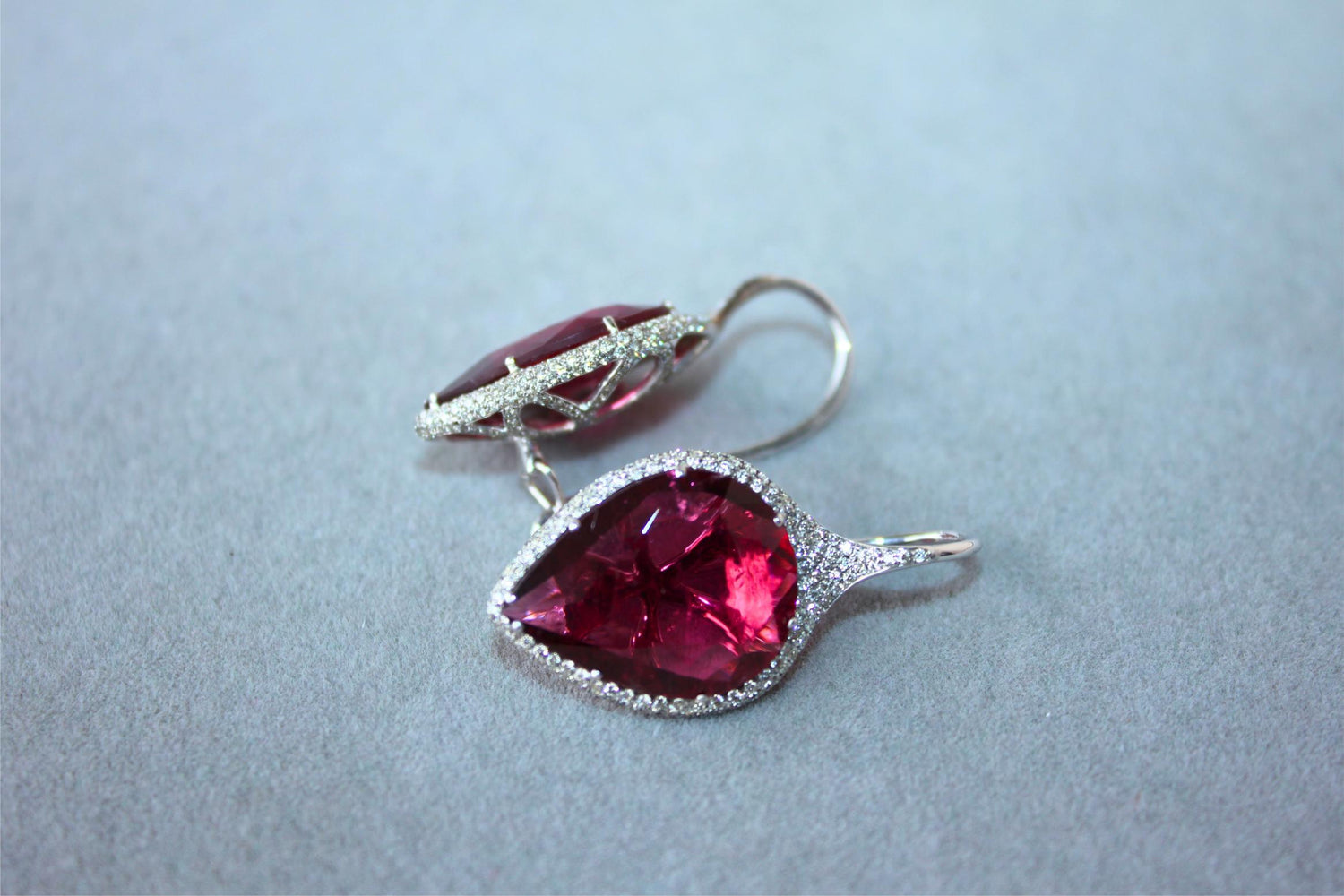 Fancy Pear Tear Drop Pink Red Rubellite Diamond Pave 18K White Gold Earrings