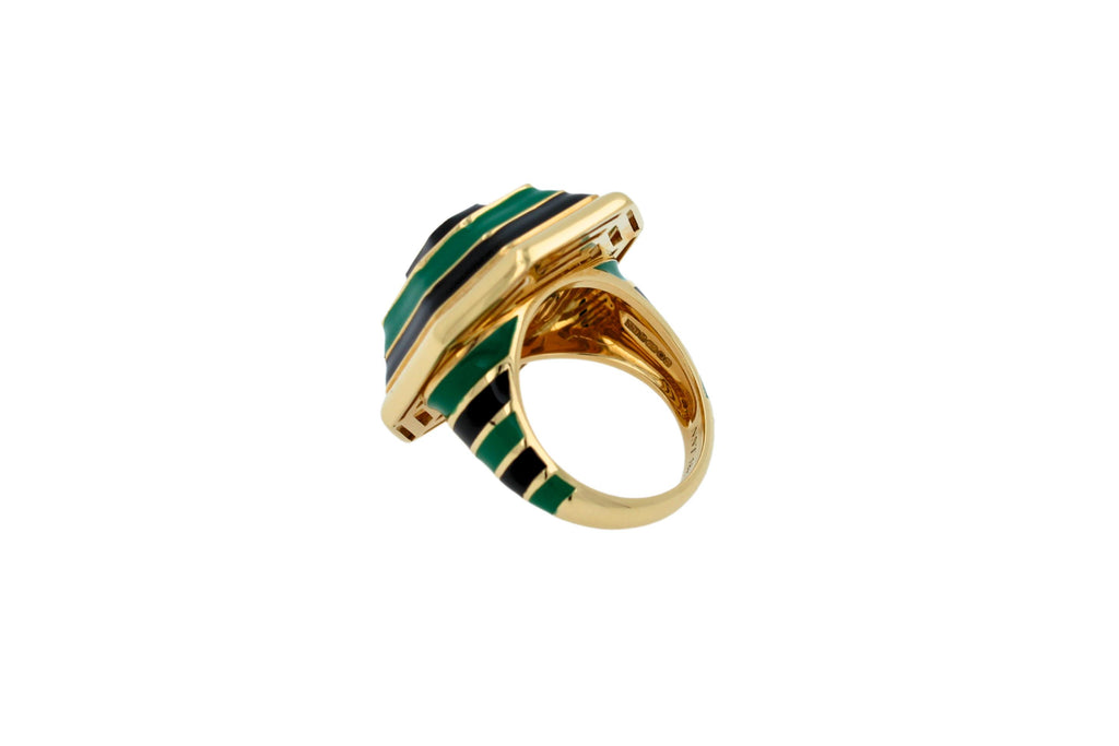 Green Tourmaline Malachite Green Black Enamel 18K Yellow Gold Enamel Unique Ring