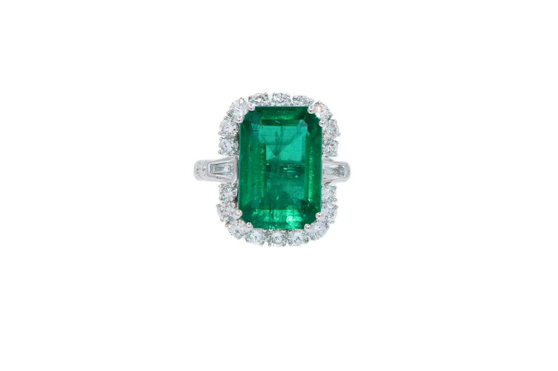 Green Emerald Octagon Cut Rectangle Diamond Halo Baguette 18K White Gold Ring