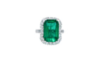 Green Emerald Octagon Cut Rectangle Diamond Halo Baguette 18K White Gold Ring
