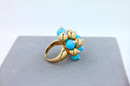 Blue Turquoise Diamonds Golden Spheres Balls Christmas Bells Motif 18K Gold Ring