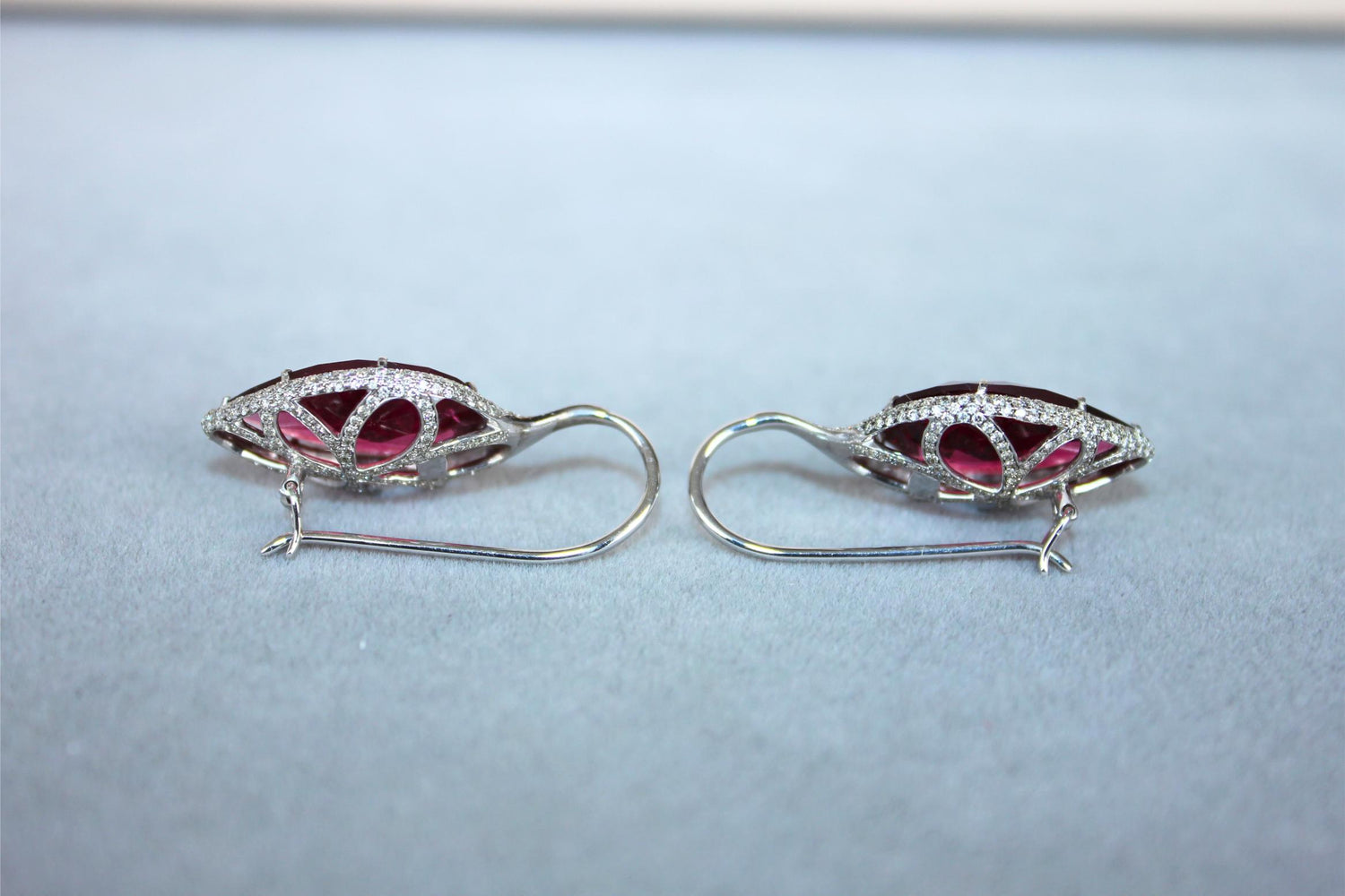 Fancy Pear Tear Drop Pink Red Rubellite Diamond Pave 18K White Gold Earrings
