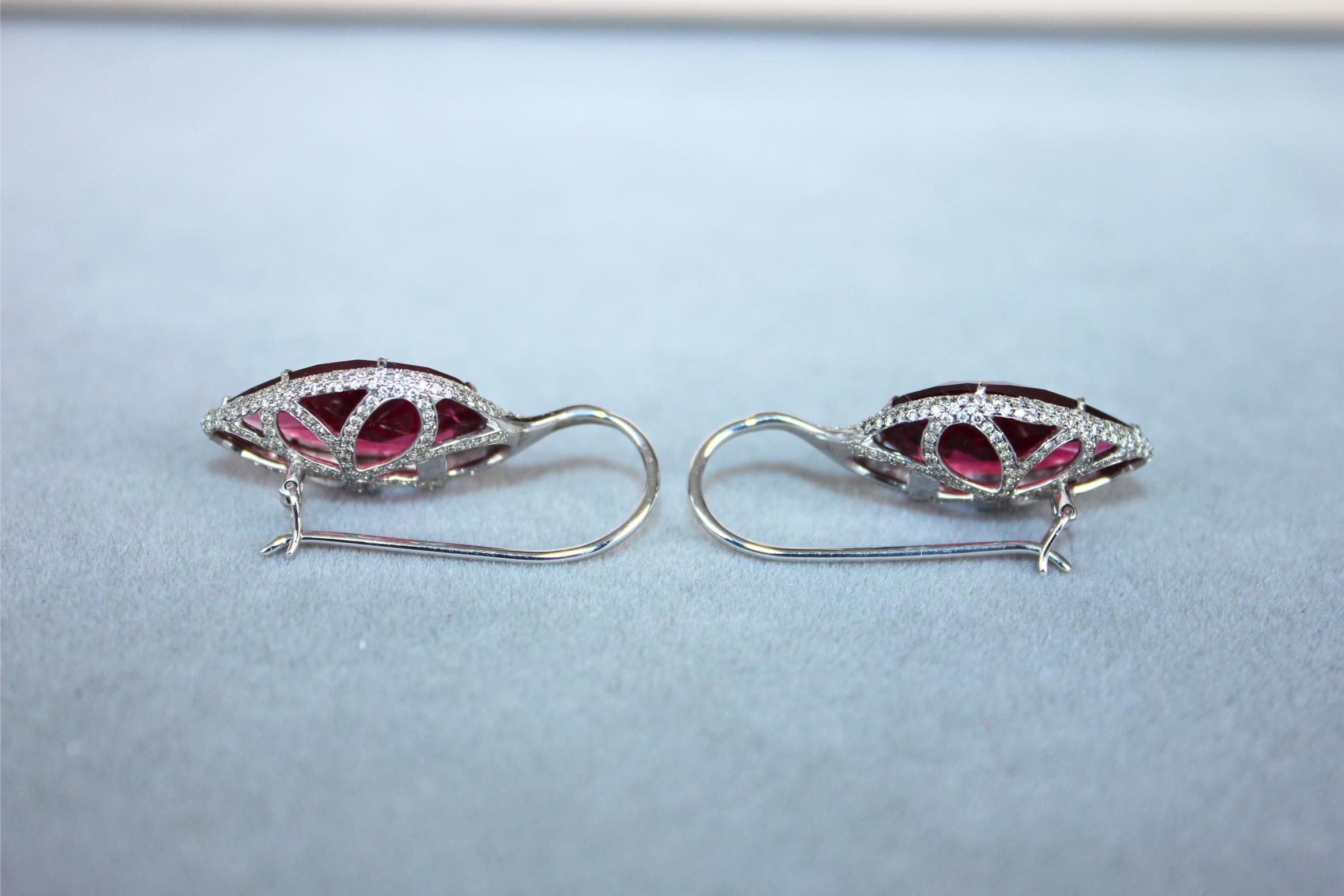 Fancy Pear Tear Drop Pink Red Rubellite Diamond Pave 18K White Gold Earrings