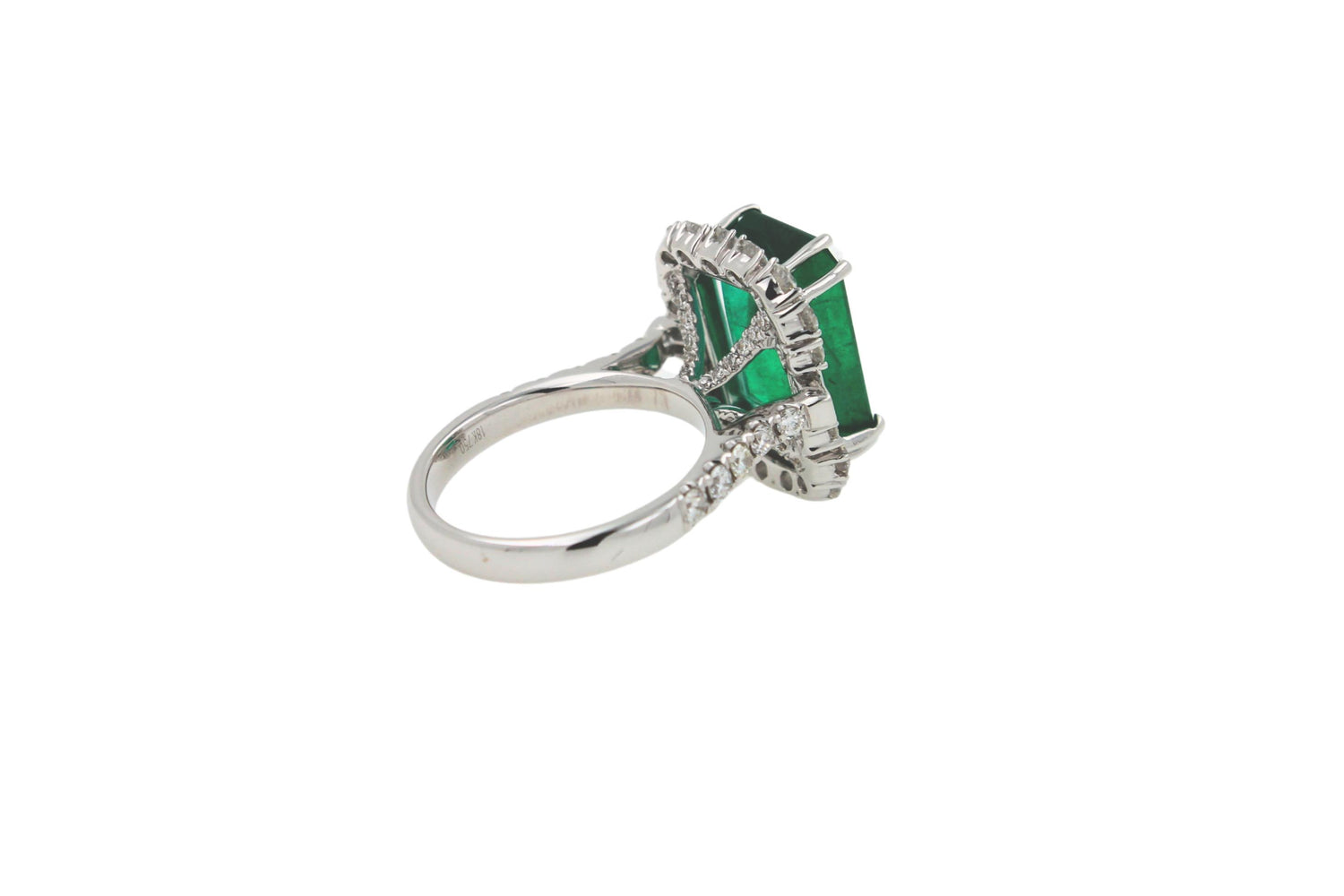 Green Emerald Octagon Cut Rectangle Diamond Halo Baguette 18K White Gold Ring