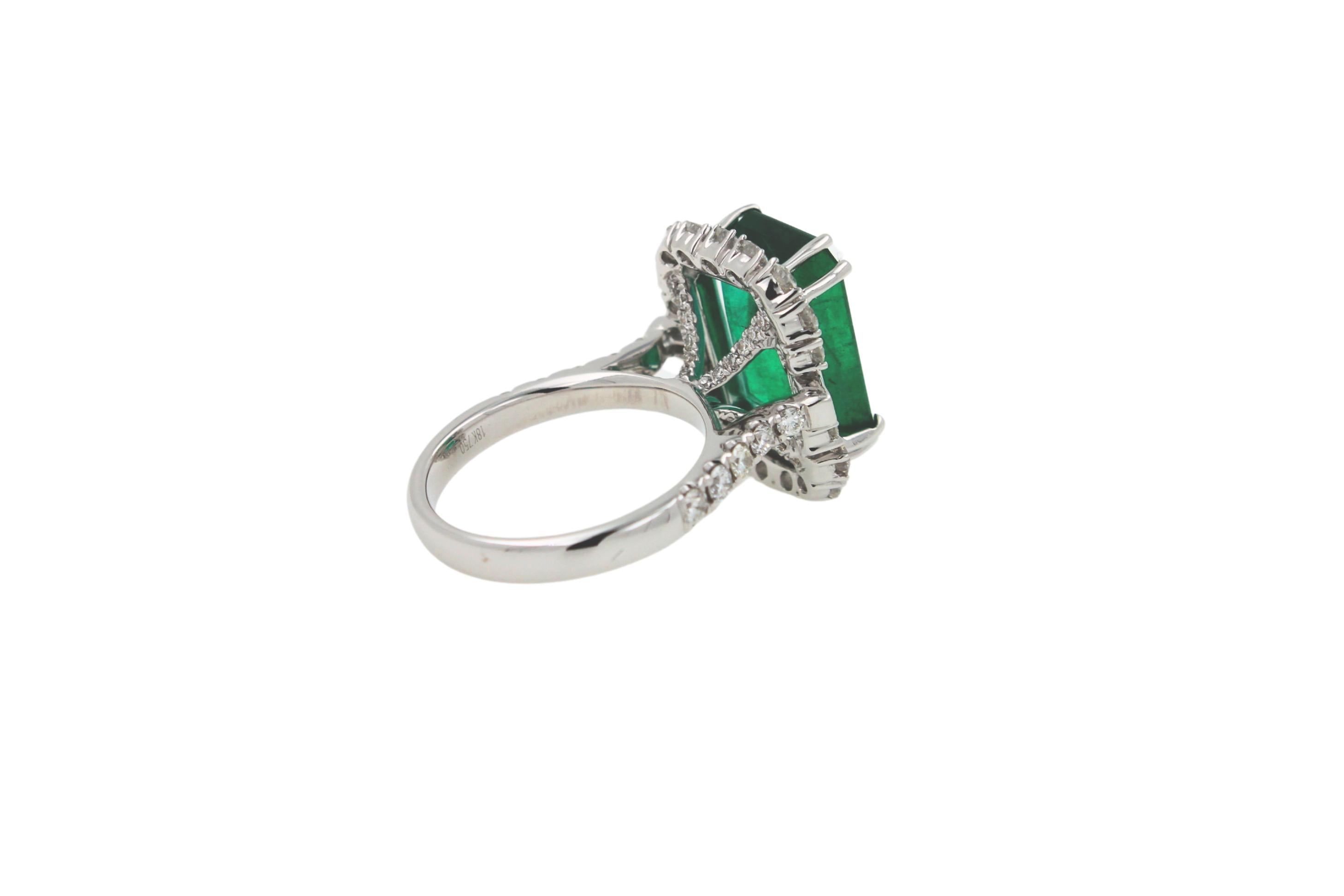 Green Emerald Octagon Cut Rectangle Diamond Halo Baguette 18K White Gold Ring