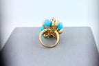 Blue Turquoise Diamonds Golden Spheres Balls Christmas Bells Motif 18K Gold Ring
