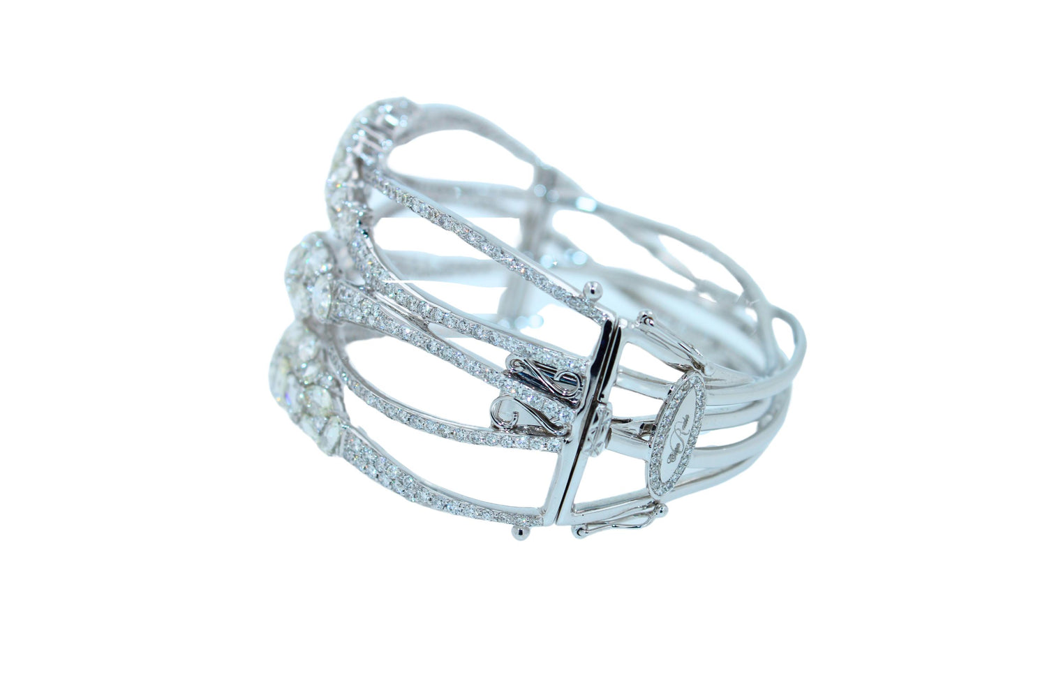 Fancy Shape Rose Cut Diamond Unique Statement Lux 18K White Gold Bangle Bracelet