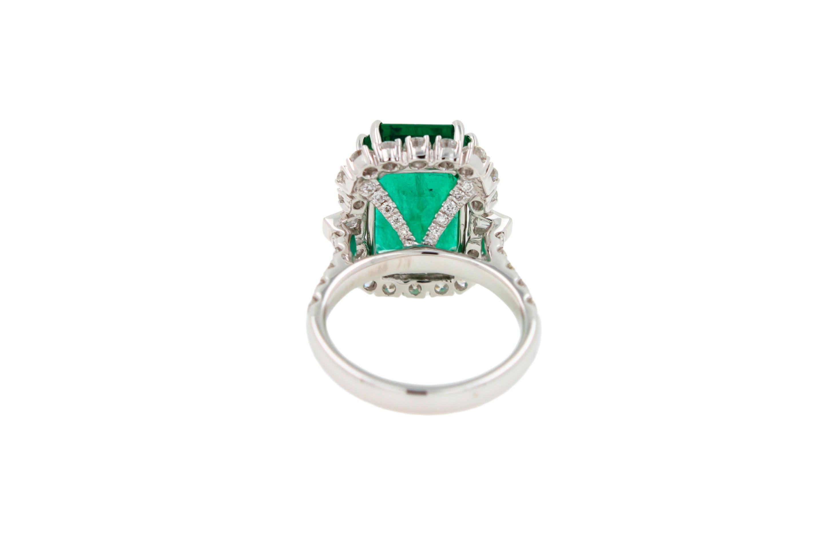 Green Emerald Octagon Cut Rectangle Diamond Halo Baguette 18K White Gold Ring