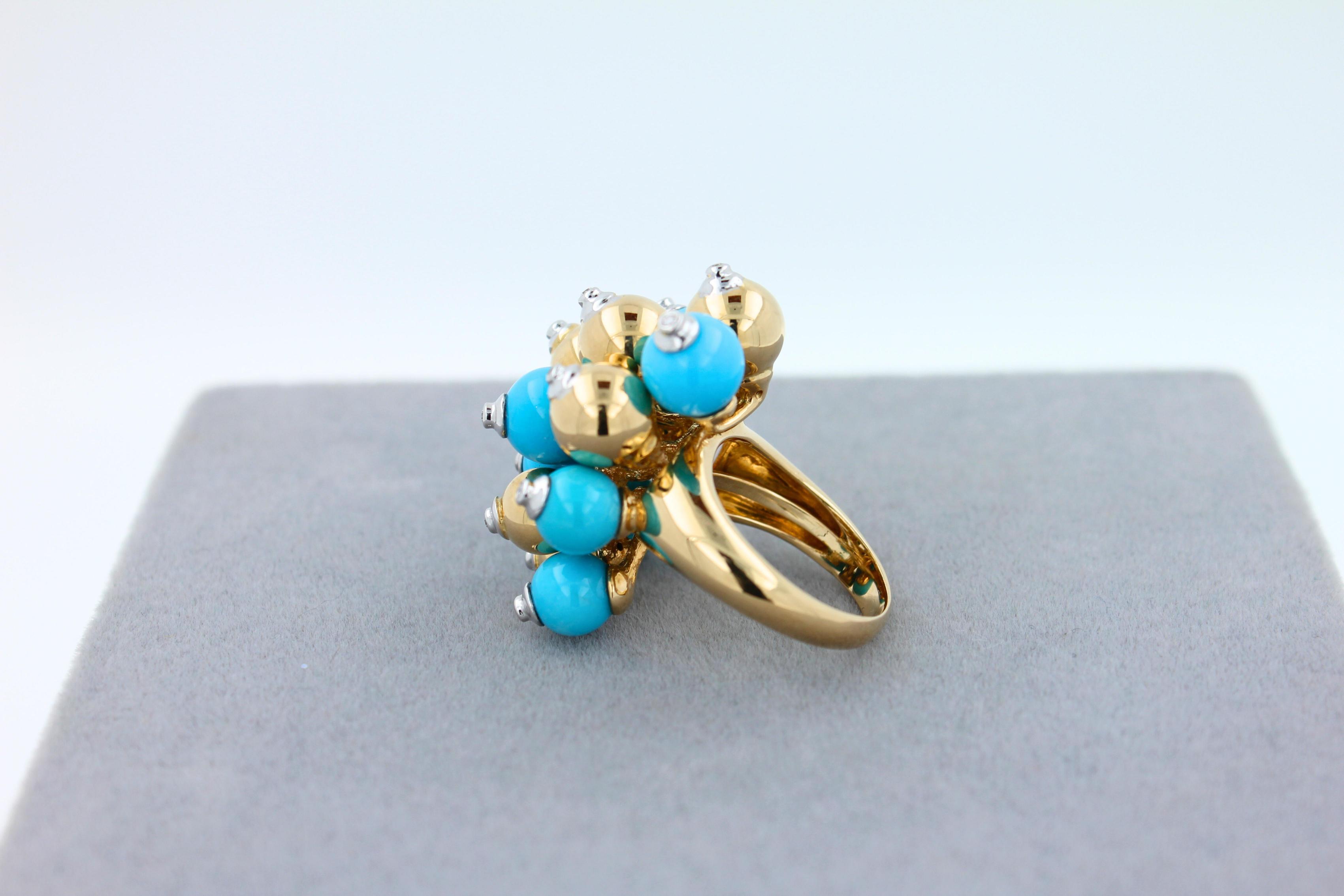Blue Turquoise Diamonds Golden Spheres Balls Christmas Bells Motif 18K Gold Ring
