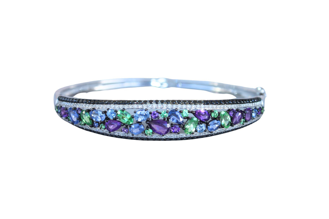 Diamonds Multi Fancy Shape Multi Color Gemstones 14K White Gold Bangle Bracelet