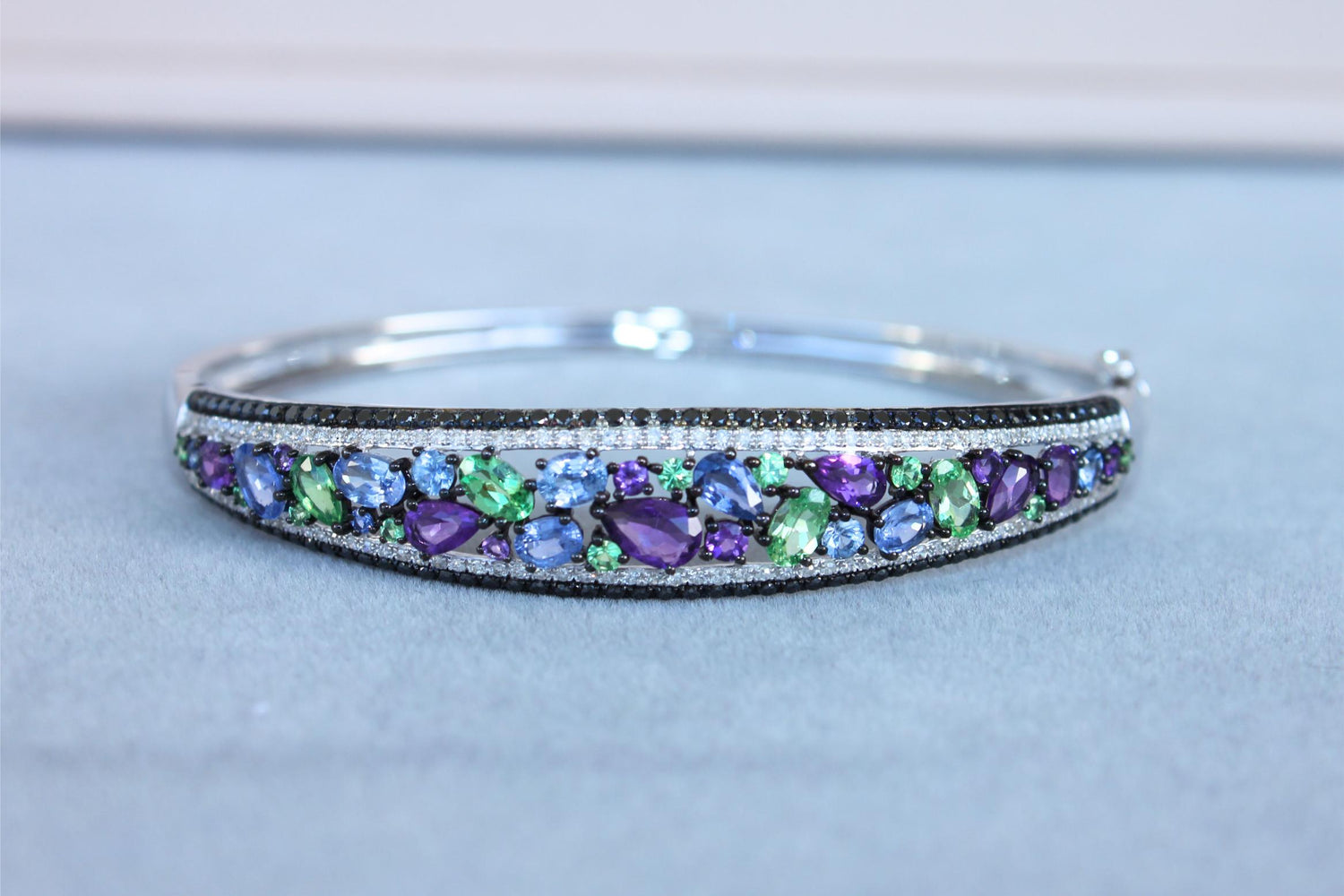 Diamonds Multi Fancy Shape Multi Color Gemstones 14K White Gold Bangle Bracelet