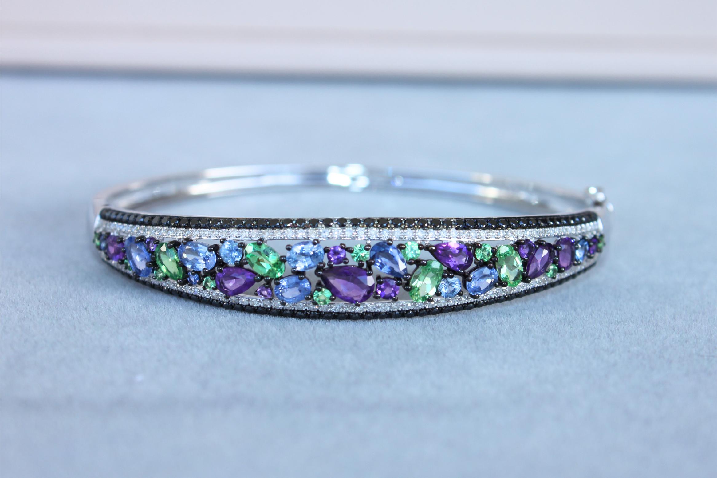 Diamonds Multi Fancy Shape Multi Color Gemstones 14K White Gold Bangle Bracelet