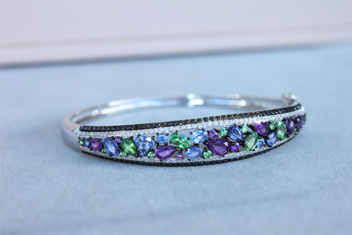 Diamonds Multi Fancy Shape Multi Color Gemstones 14K White Gold Bangle Bracelet