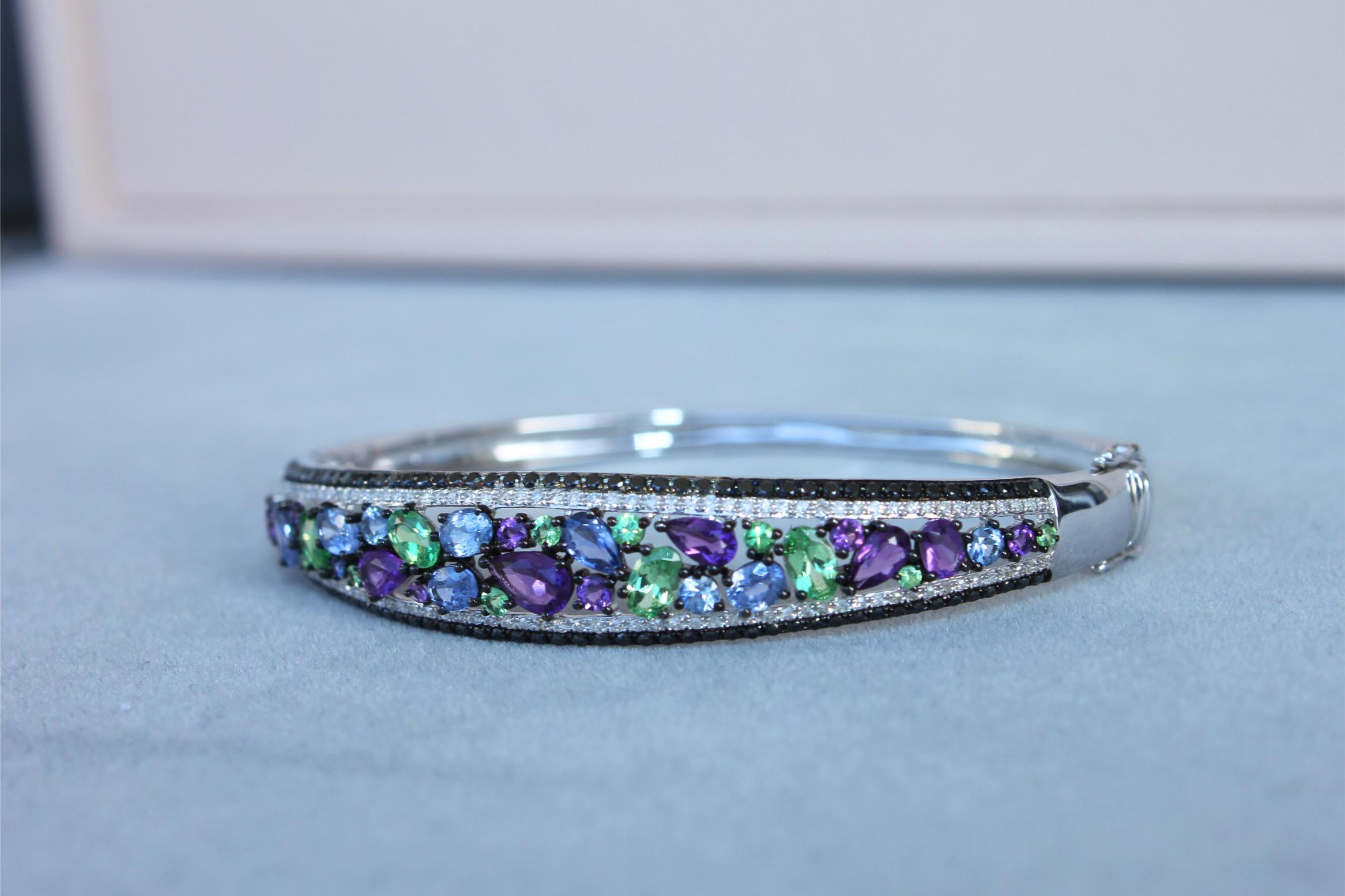 Diamonds Multi Fancy Shape Multi Color Gemstones 14K White Gold Bangle Bracelet