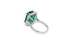 Green Emerald Octagon Cut Rectangle Diamond Halo Baguette 18K White Gold Ring