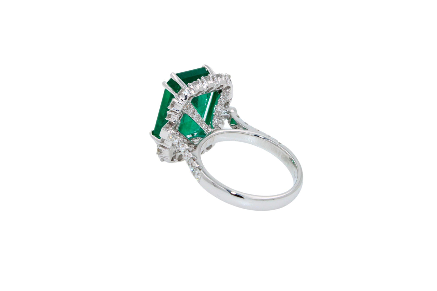 Green Emerald Octagon Cut Rectangle Diamond Halo Baguette 18K White Gold Ring