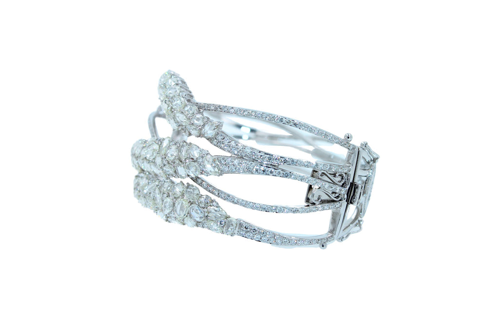 Fancy Shape Rose Cut Diamond Unique Statement Lux 18K White Gold Bangle Bracelet