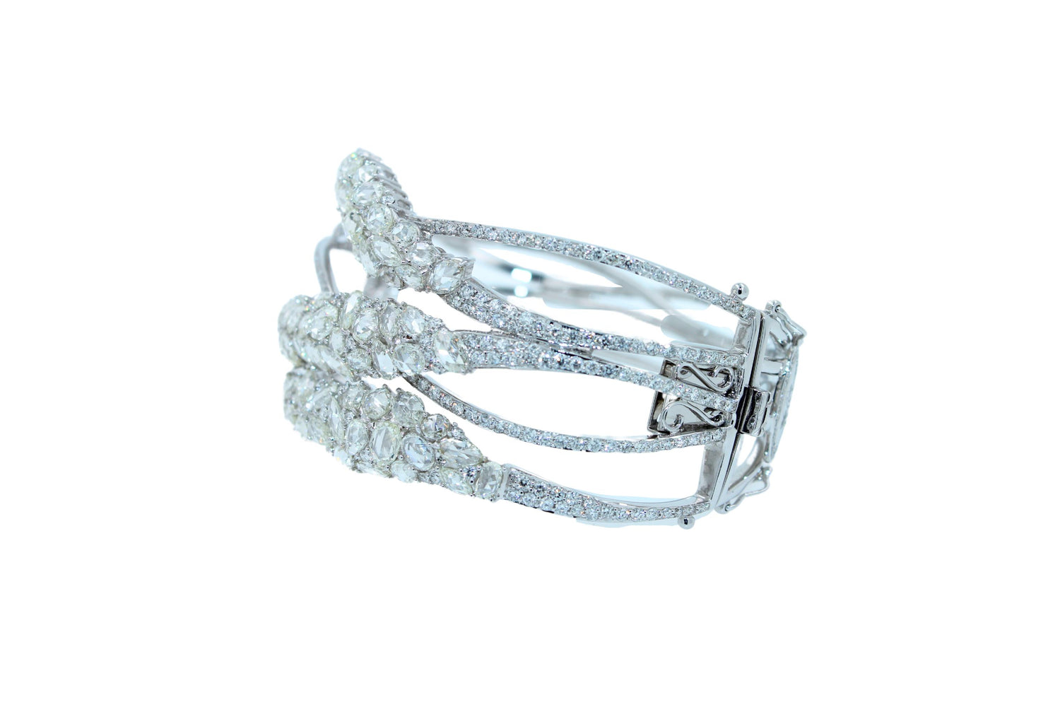 Fancy Shape Rose Cut Diamond Unique Statement Lux 18K White Gold Bangle Bracelet