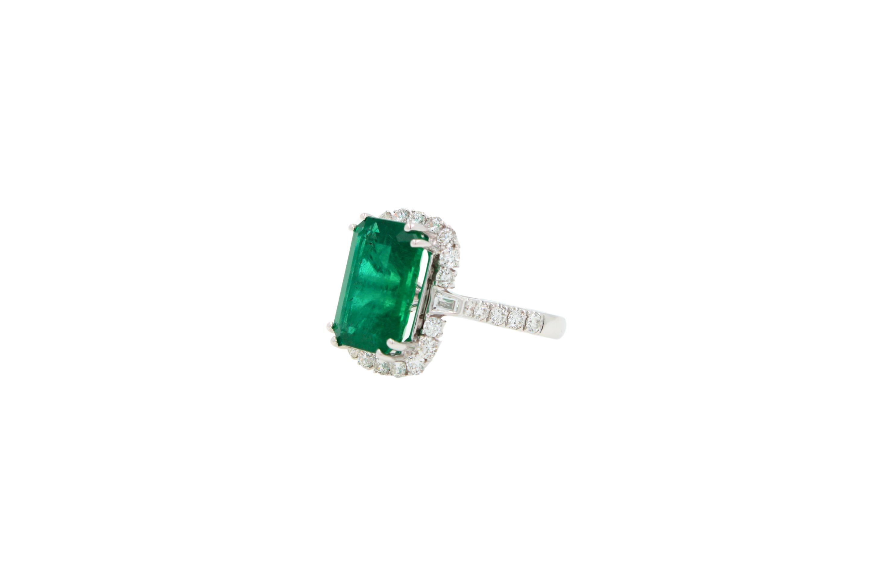 Green Emerald Octagon Cut Rectangle Diamond Halo Baguette 18K White Gold Ring