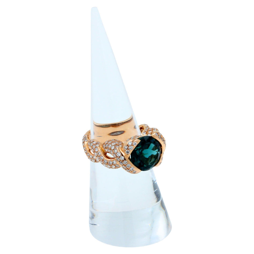 Cushion Dark Blue Indicolite Tourmaline Diamond Spiral Pave 18K Rose Gold Ring