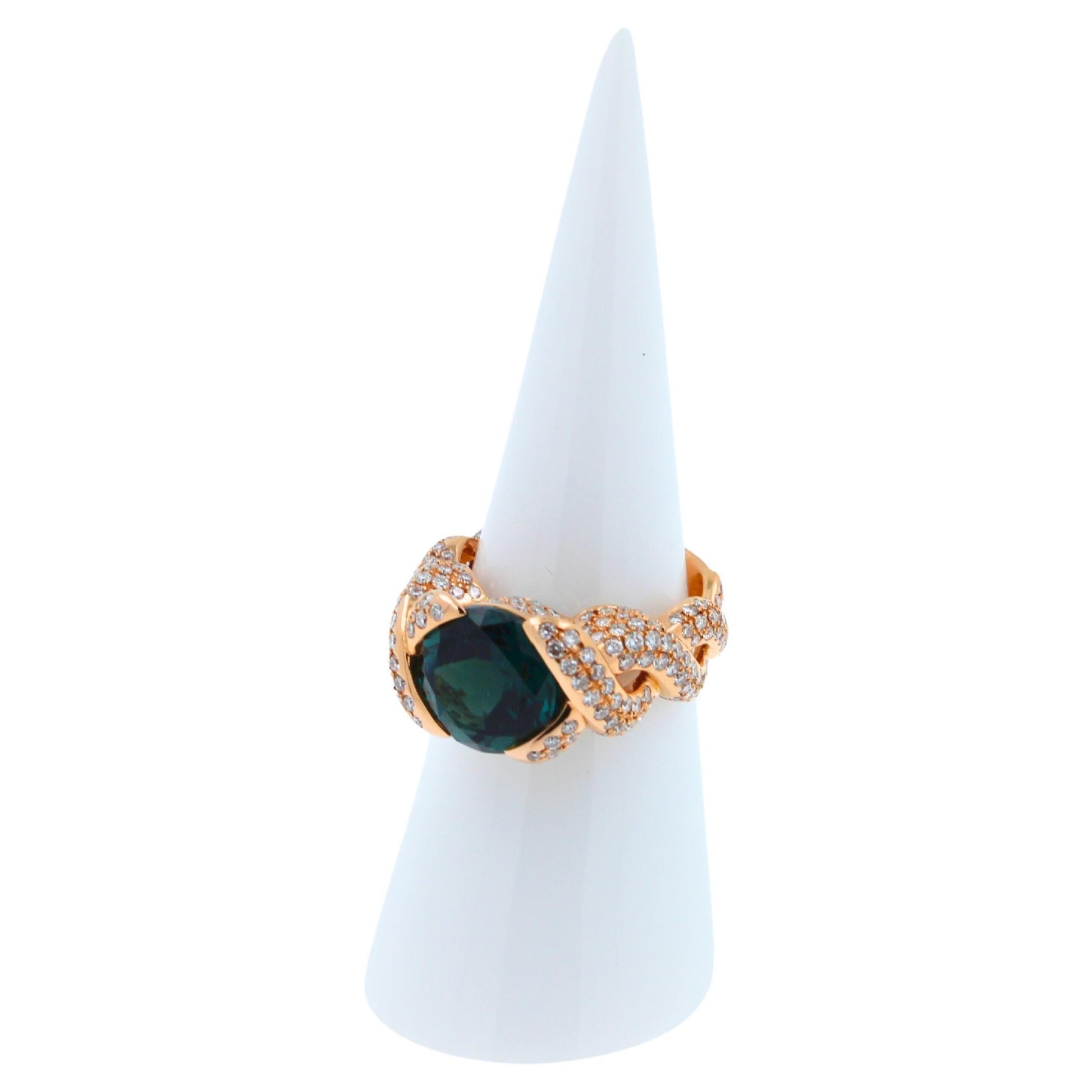Cushion Dark Blue Indicolite Tourmaline Diamond Spiral Pave 18K Rose Gold Ring