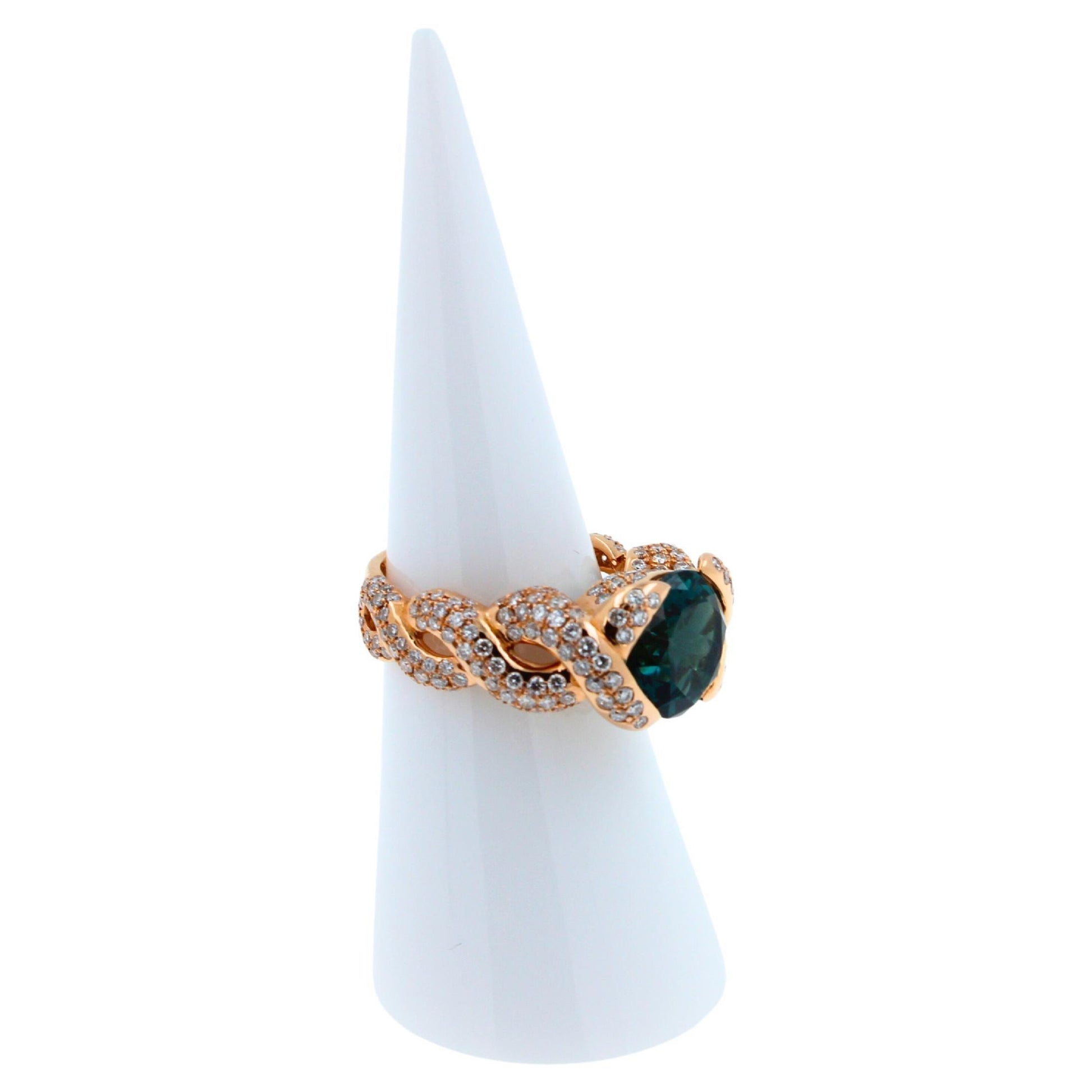 Cushion Dark Blue Indicolite Tourmaline Diamond Spiral Pave 18K Rose Gold Ring
