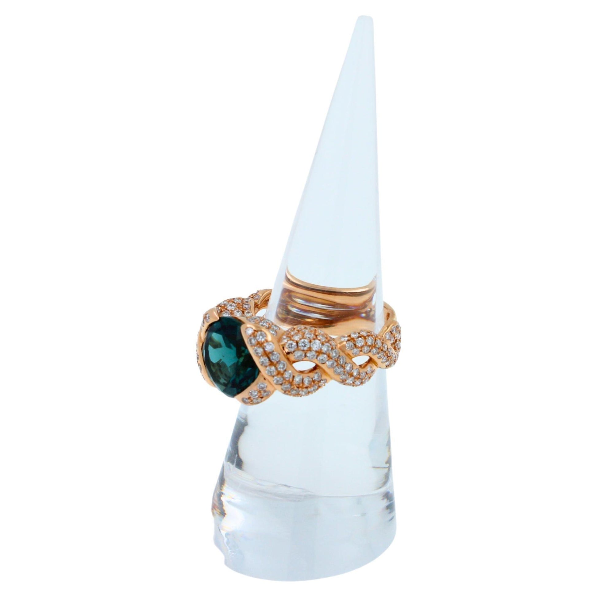 Cushion Dark Blue Indicolite Tourmaline Diamond Spiral Pave 18K Rose Gold Ring