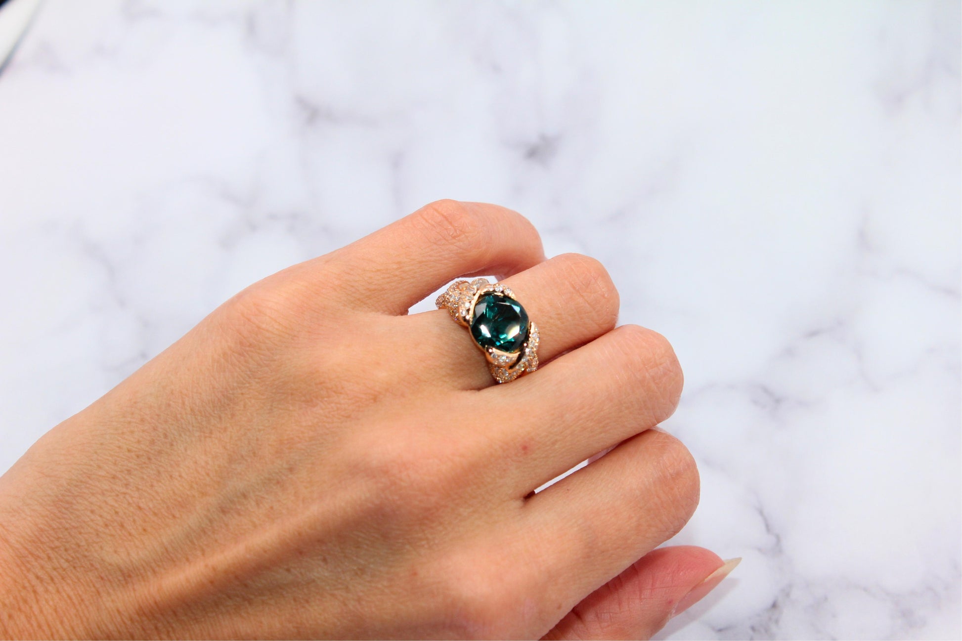 Cushion Dark Blue Indicolite Tourmaline Diamond Spiral Pave 18K Rose Gold Ring