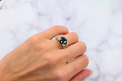 Cushion Dark Blue Indicolite Tourmaline Diamond Spiral Pave 18K Rose Gold Ring