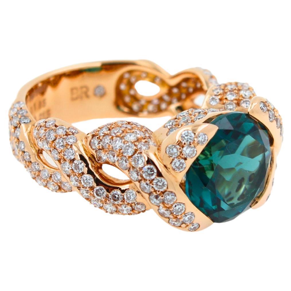 Cushion Dark Blue Indicolite Tourmaline Diamond Spiral Pave 18K Rose Gold Ring