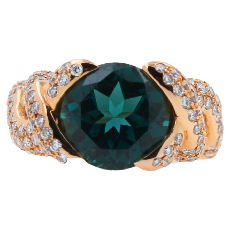 Cushion Dark Blue Indicolite Tourmaline Diamond Spiral Pave 18K Rose Gold Ring
