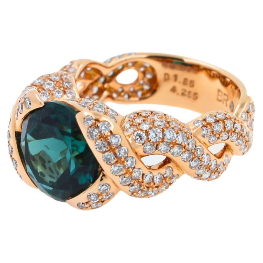 Cushion Dark Blue Indicolite Tourmaline Diamond Spiral Pave 18K Rose Gold Ring