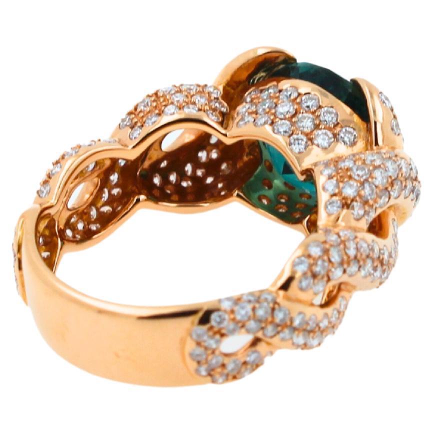 Cushion Dark Blue Indicolite Tourmaline Diamond Spiral Pave 18K Rose Gold Ring