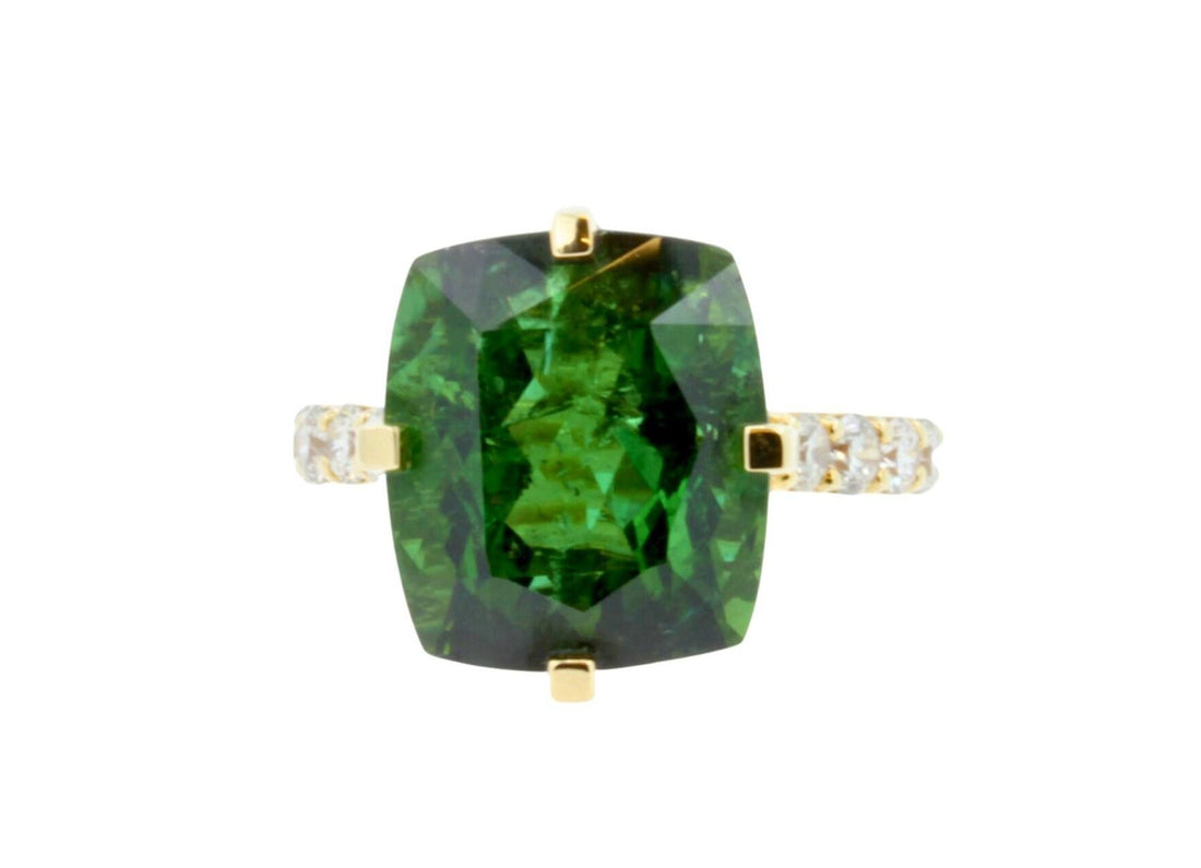 Cushion Large Green Tourmaline Diamond Cocktail Compass Statement 18 Karat Yello