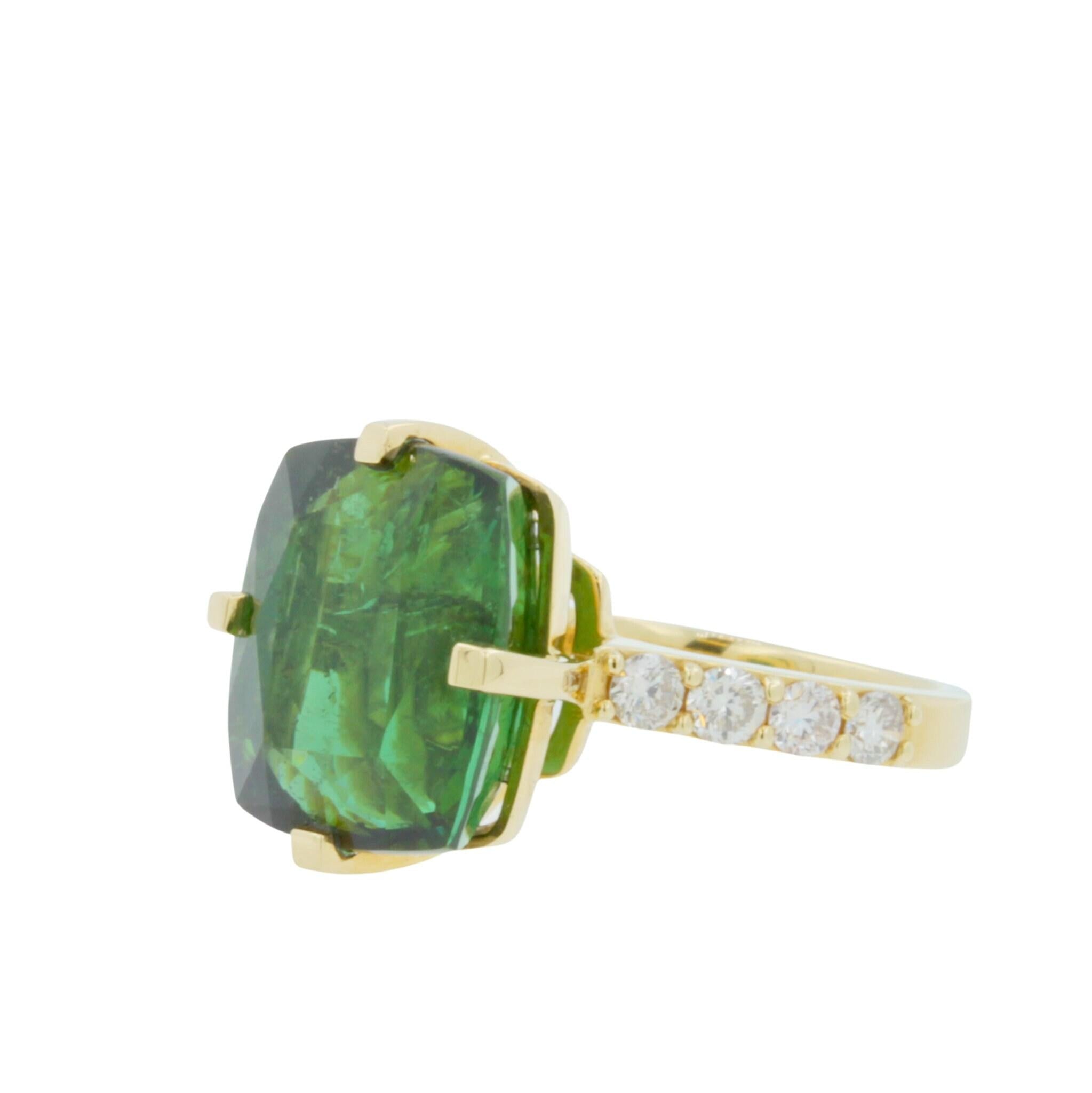 Cushion Large Green Tourmaline Diamond Cocktail Compass Statement 18 Karat Yello